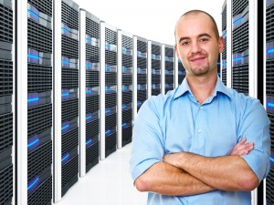 confident young man and datacenter 3d background